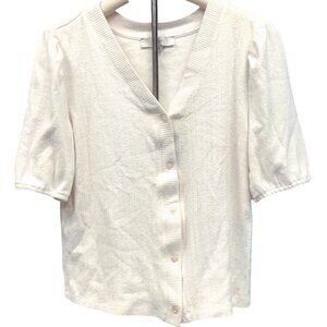 Loft MSRP $79 SOFT Short Sleeve Knit Cardigan V-neck Top Off White Button LG NEW